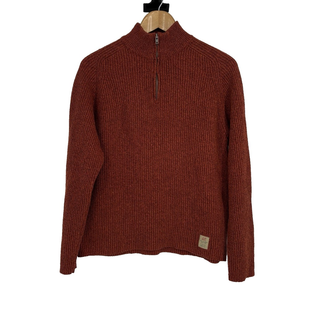 Y2K American Eagle Mens Quarter Zip Ribbed Sweater Large Orange‎ Preppy Retro